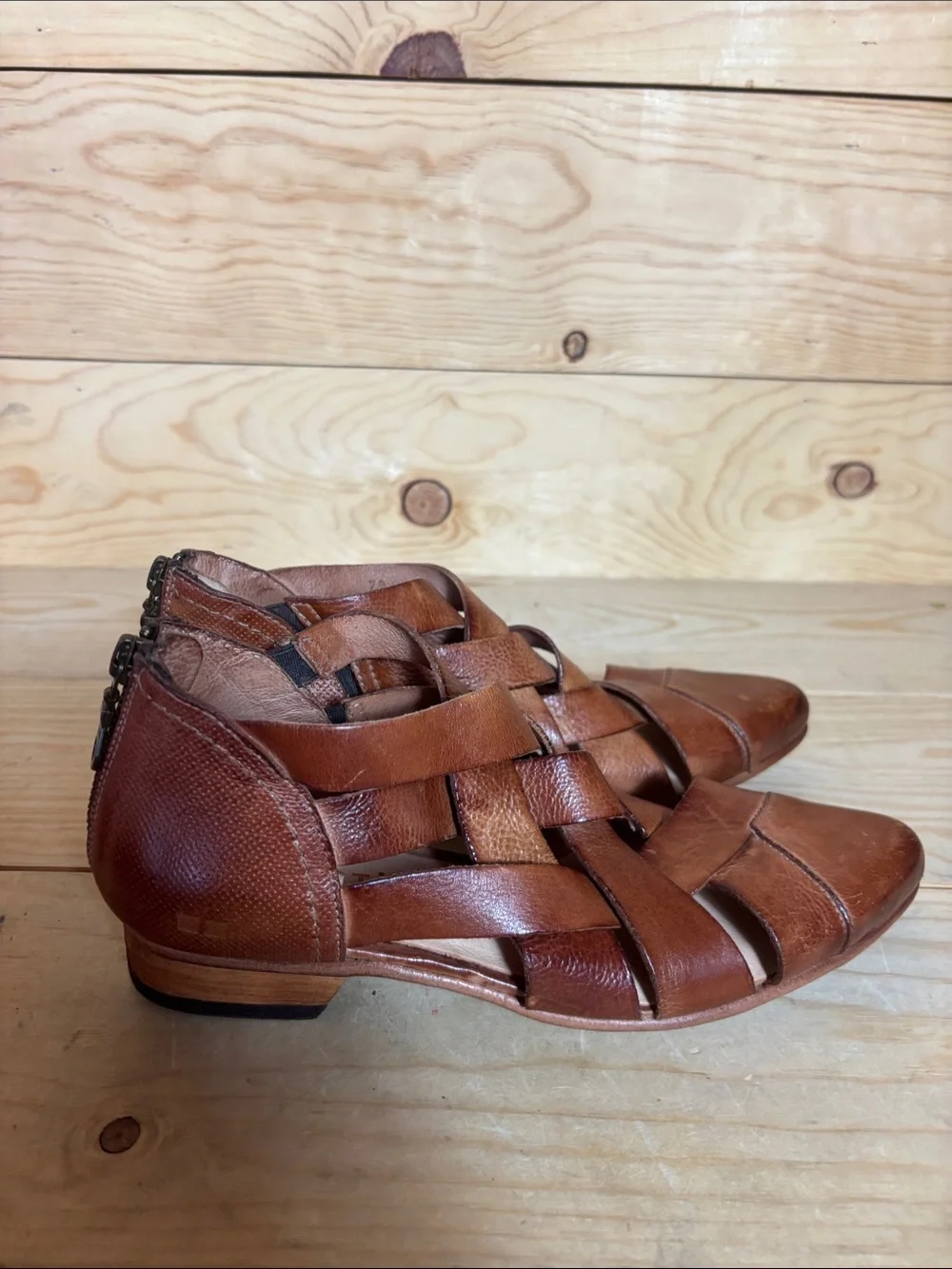 Bed Stu Brittany woven brown leather booties size 7